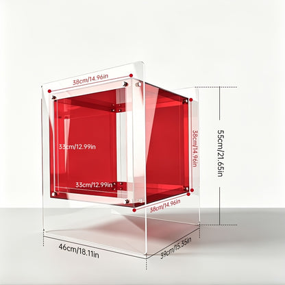 Dimension diagram of the red acrylic side table and clear outer supports