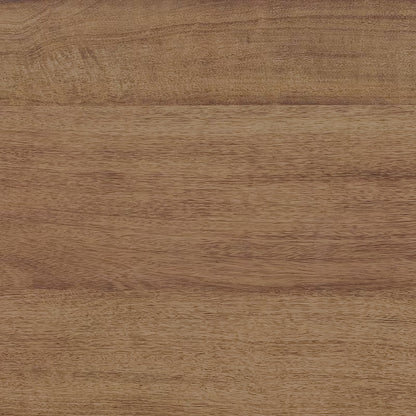 Close-up of the brown wood-grain surface of the oval coffee table