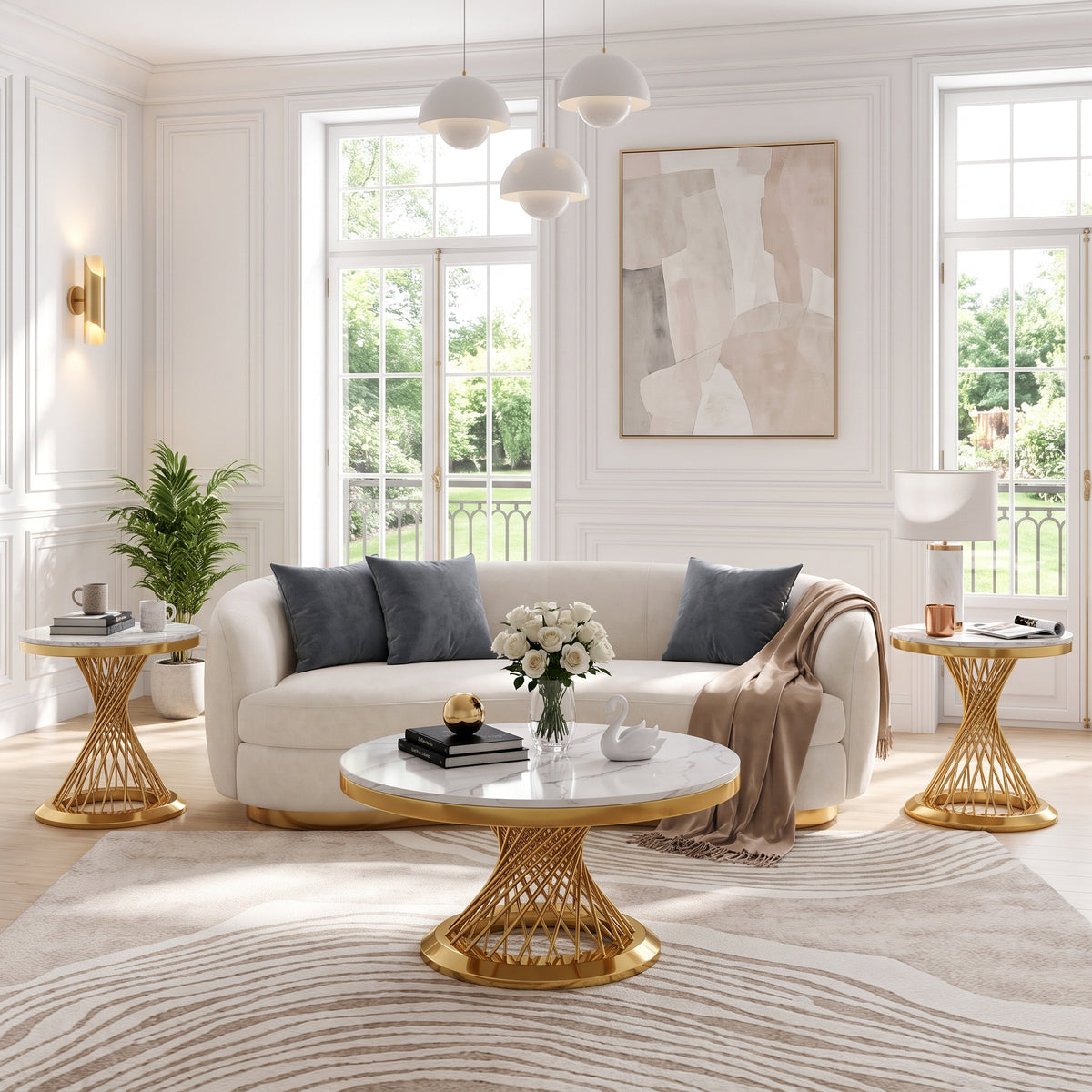 Faux Marble Coffee Table Set, Modern Coffee Table Side Table with Hourglass‑Shaped Metal Base, Luxury Center Table for Living Room Office - Coffee Table+2 End Table (3pcs)