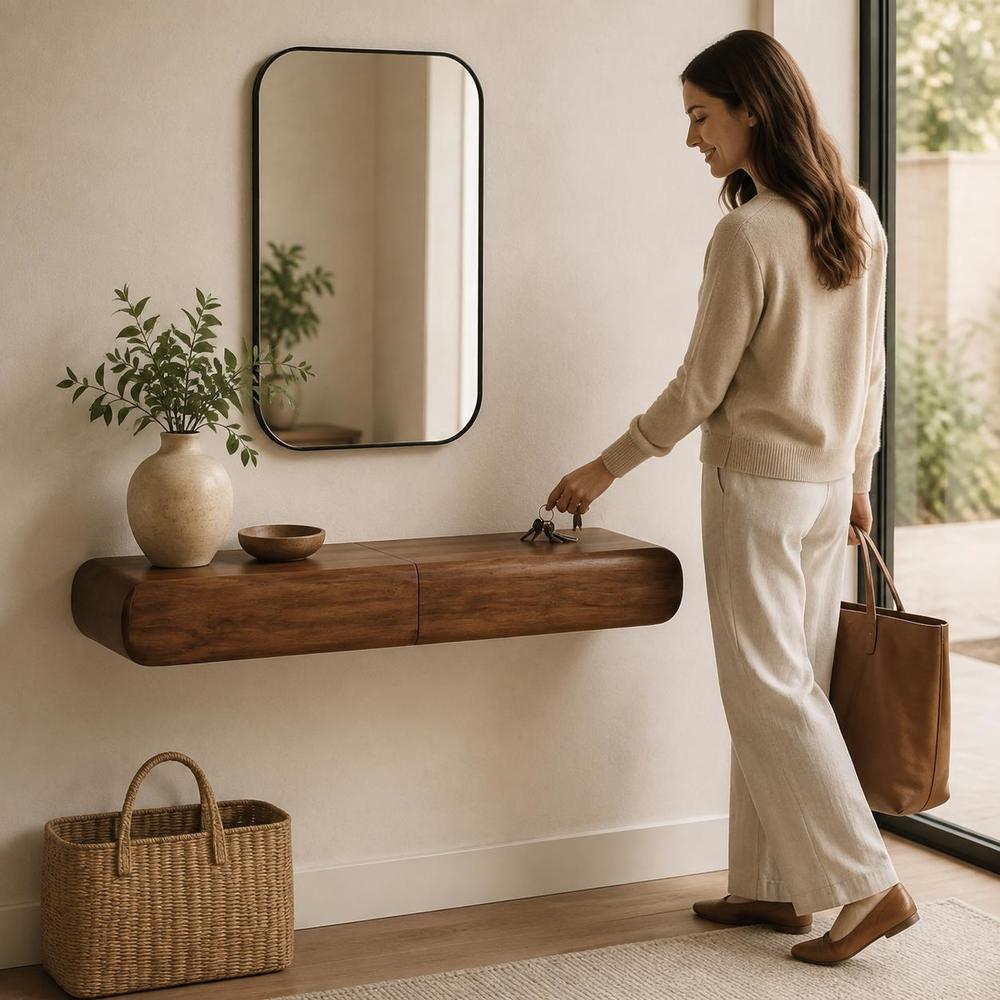 Solis wall-mounted console styled below a mirror with a person beside it.