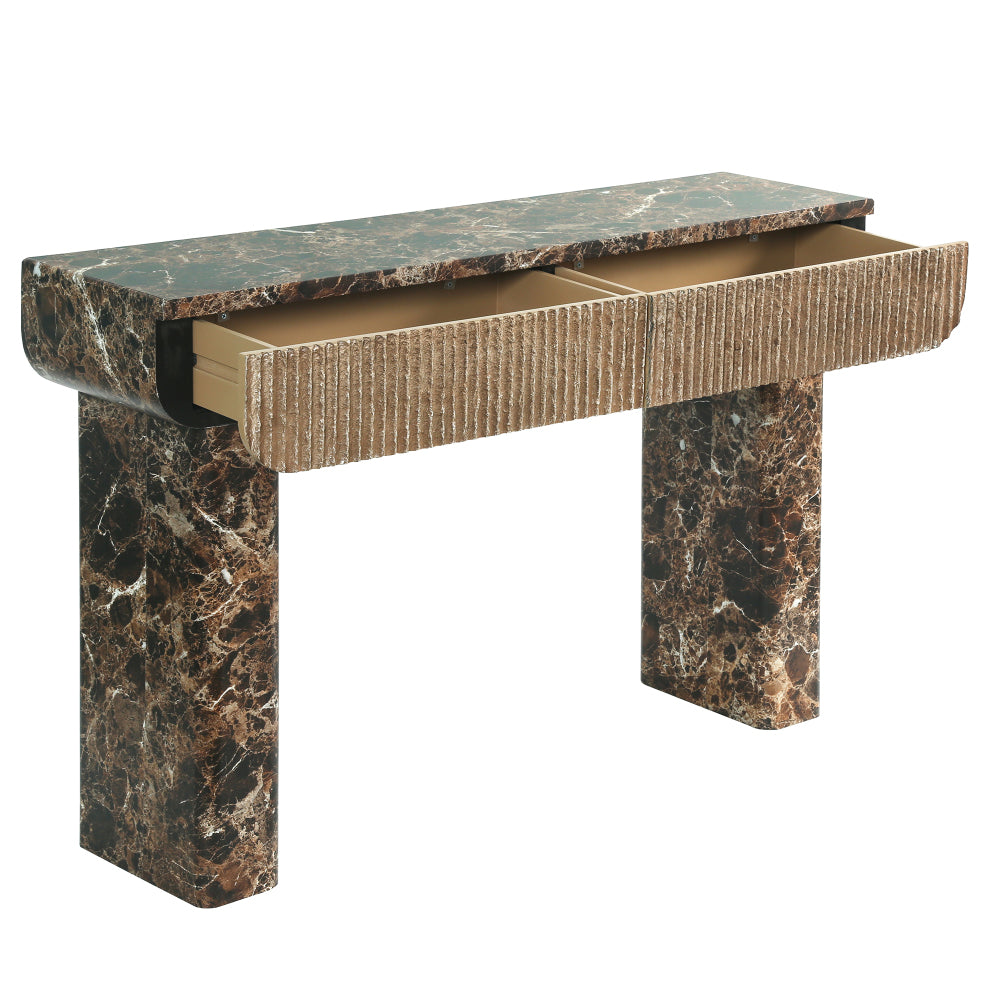 Console with one fluted drawer open showing its concealed storage.