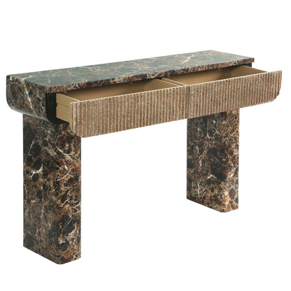 Console with one fluted drawer open showing its concealed storage.