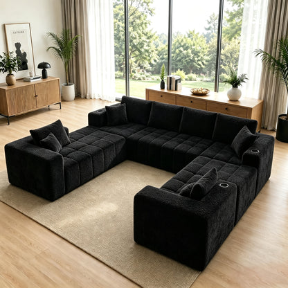 Chenille Modular Sectional with Cup Holders — black U-shaped sectional