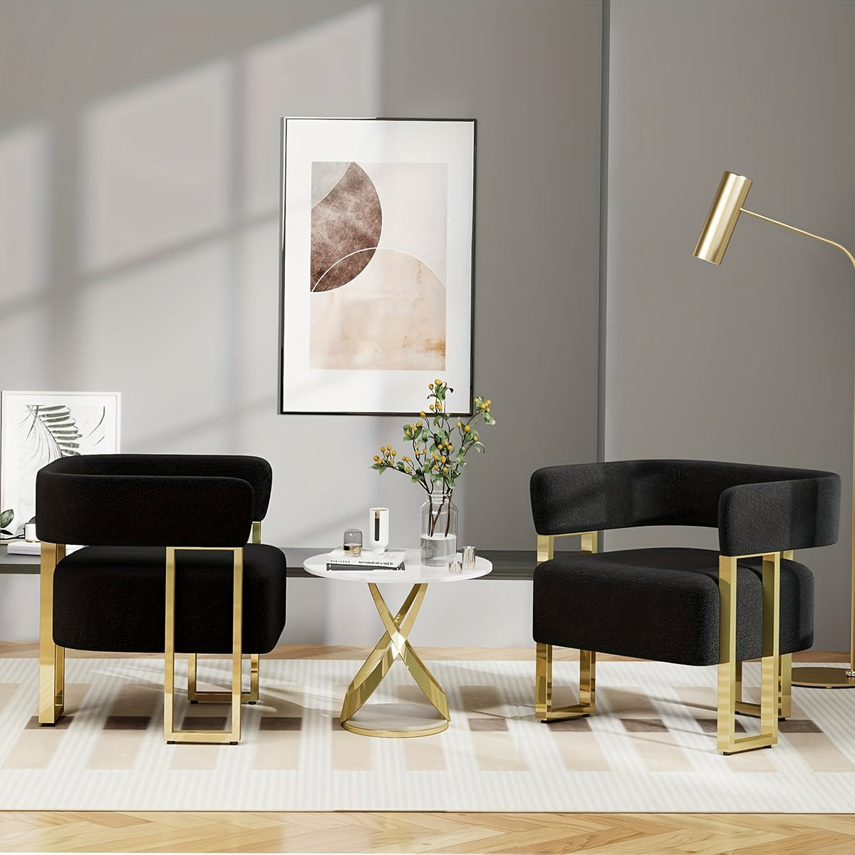 Cutout-Back Accent Chair with Gold-Tone Base — two black chairs arranged around a table