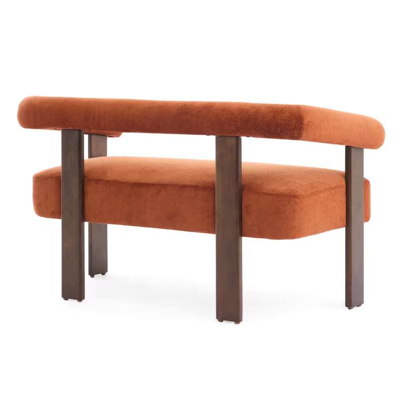 Rust Upholstered Loveseat with Wood Frame — rear three-quarter product view.