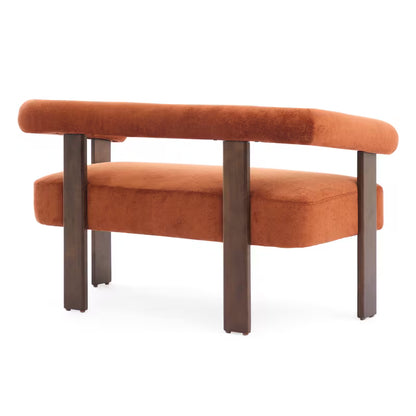 Rust Upholstered Loveseat with Wood Frame — rear three-quarter product view.
