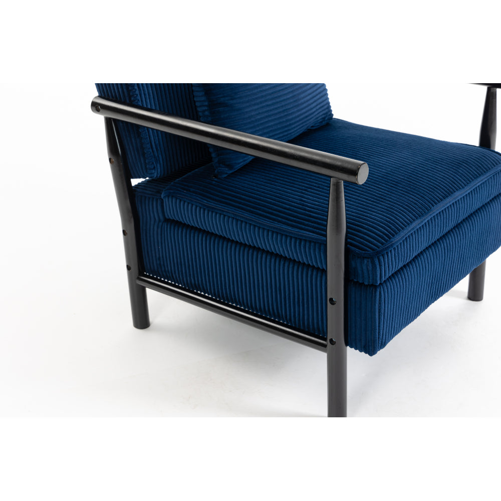 Navy Ribbed Accent Chair with Hidden Storage — seat, arm rail and frame detail.