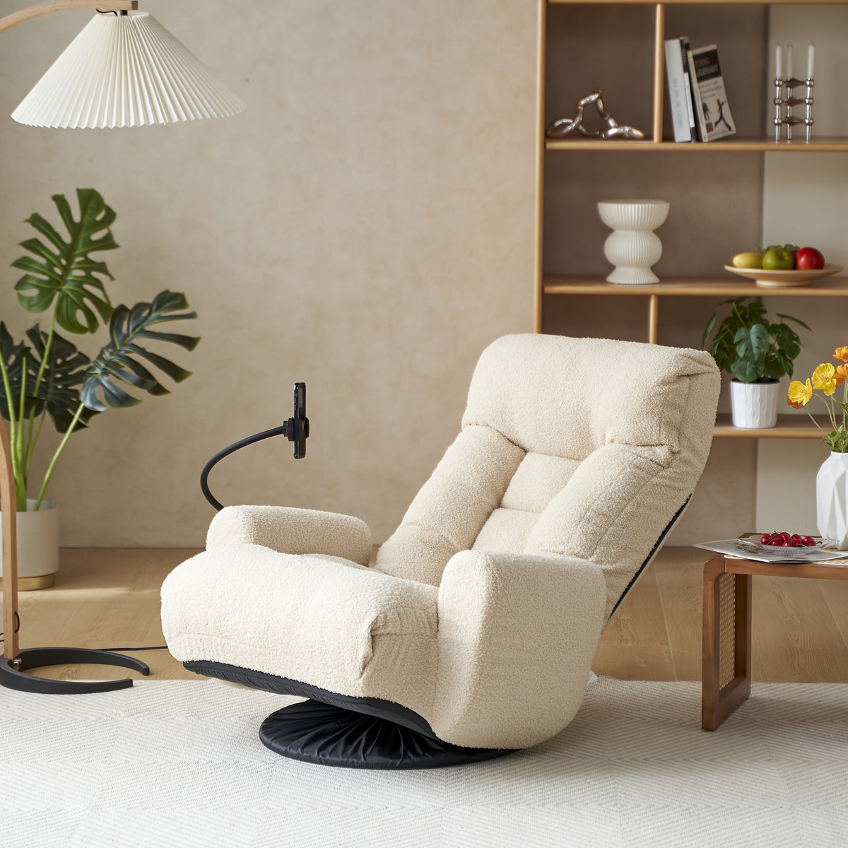 Five-Position Swivel Floor Chair with Phone Holder — beige floor chair with reclined back