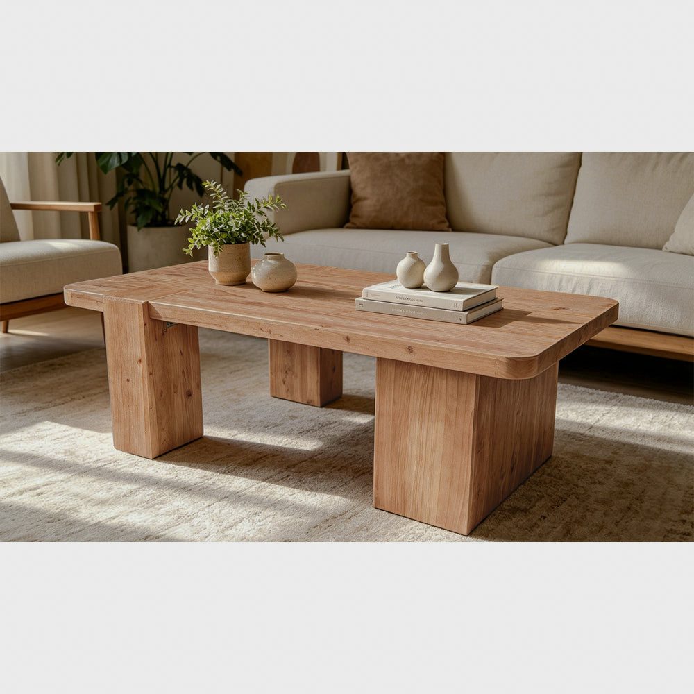 Angled room view of rectangular block-leg coffee table