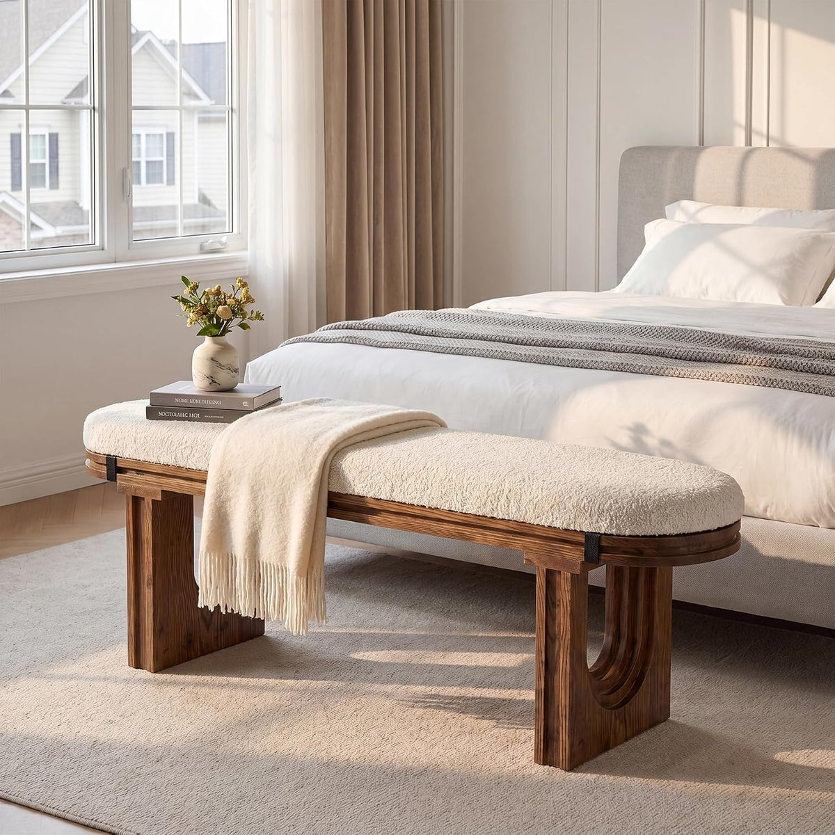47-Inch Cream Seat Bench with Arched Wood Legs — bench at the foot of a bed