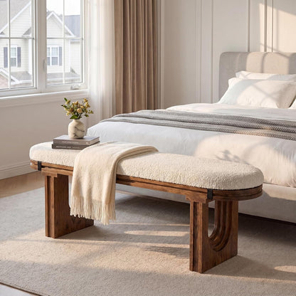 47-Inch Cream Seat Bench with Arched Wood Legs — bench at the foot of a bed