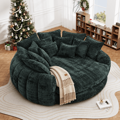 Oversized Round Chenille Lounge Sofa — emerald upholstery option.