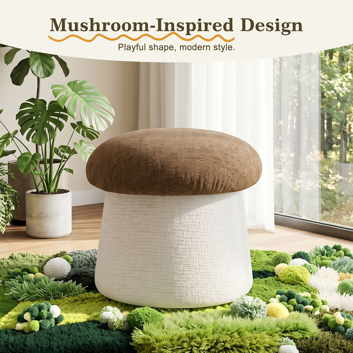 Brown and Cream Chenille Mushroom Storage Ottoman — brown cap and Cream stem-shaped base