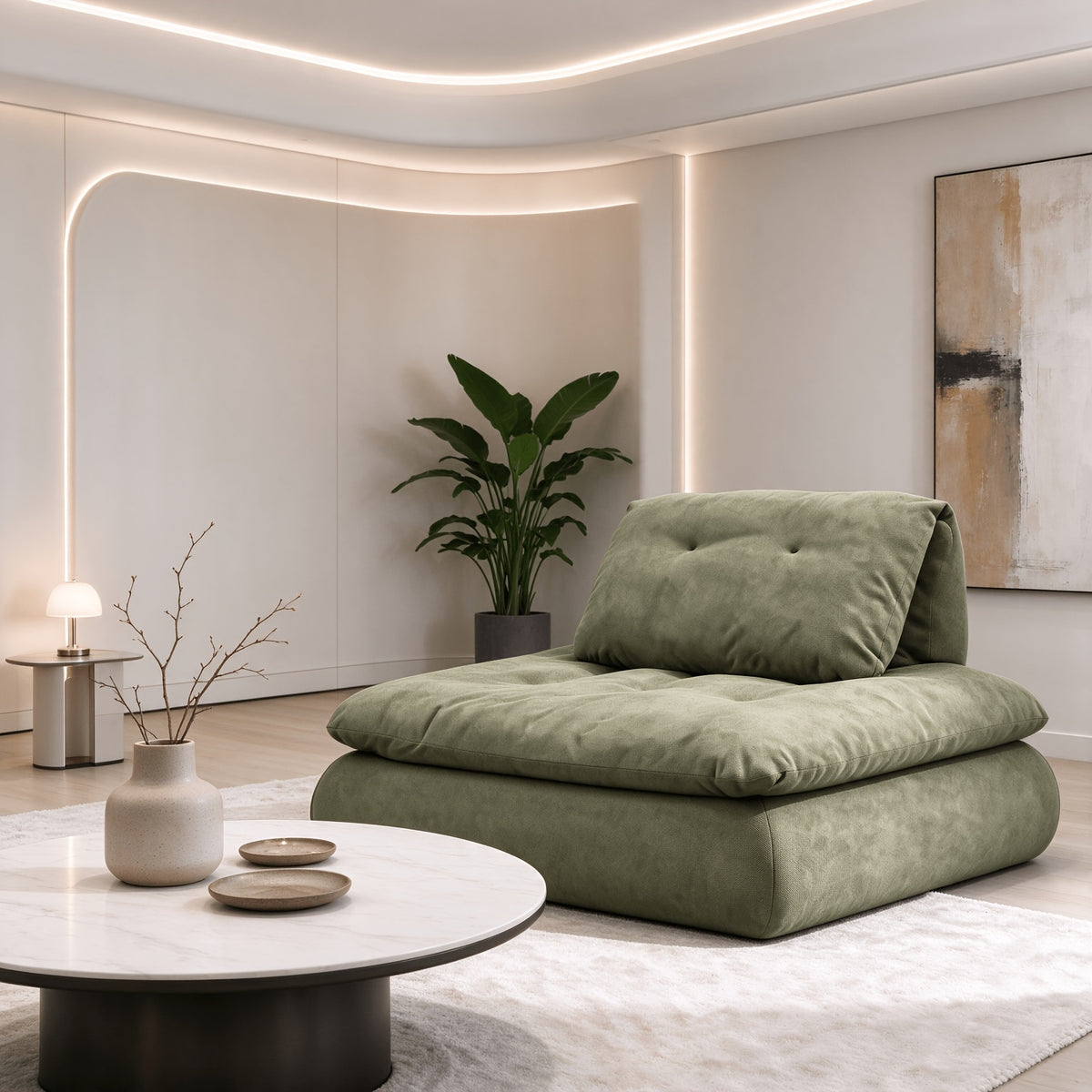 Single olive green modular seat with a loose back cushion
