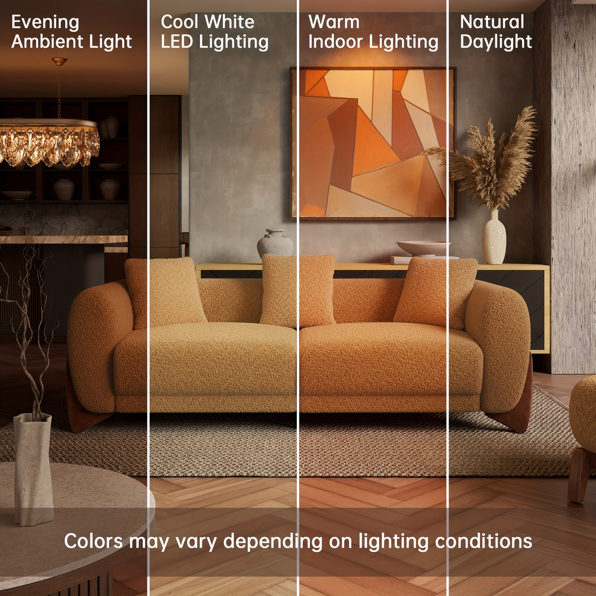 Morden Fort Boucle Sofa and Accent Chair Set — upholstery color under different lighting.