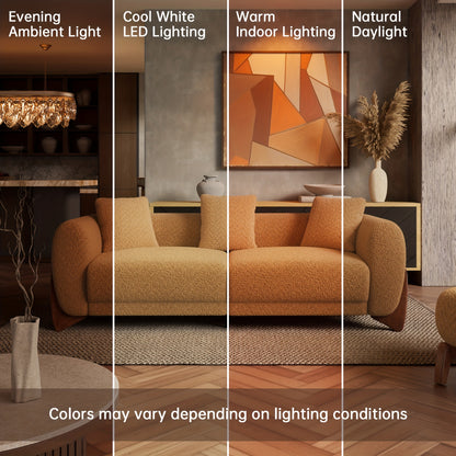 Morden Fort Boucle Sofa and Accent Chair Set — upholstery color under different lighting.