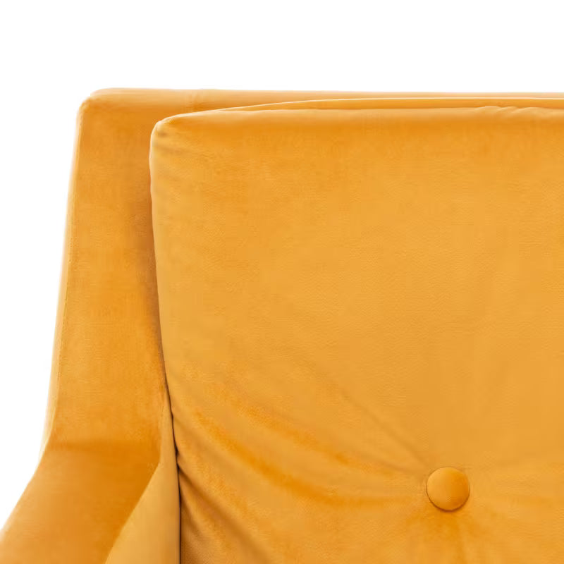 Mara Tufted Accent Chair with Gold-Tone Leg Caps — marigold tufted upholstery close-up