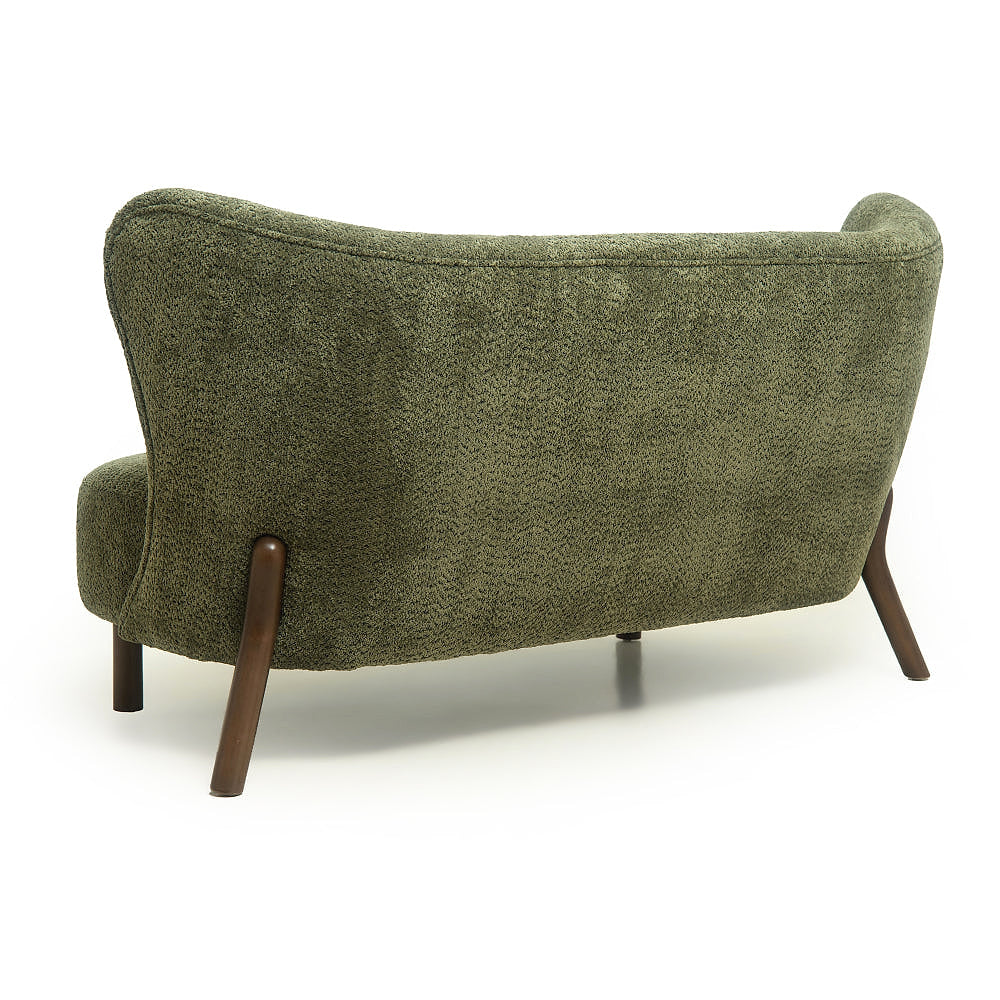Rear view of the olive green chenille loveseat with a curved upholstered back and angled wood legs.