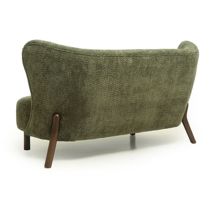 Rear view of the olive green chenille loveseat with a curved upholstered back and angled wood legs.