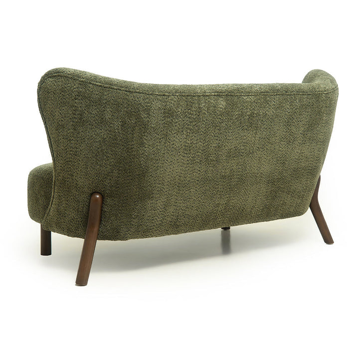 Rear view of the olive green chenille loveseat with a curved upholstered back and angled wood legs.