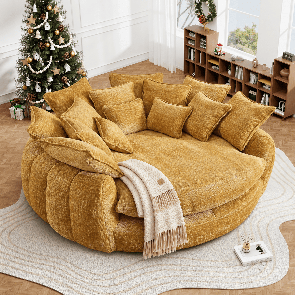Oversized Round Chenille Lounge Sofa — yellow upholstery option.