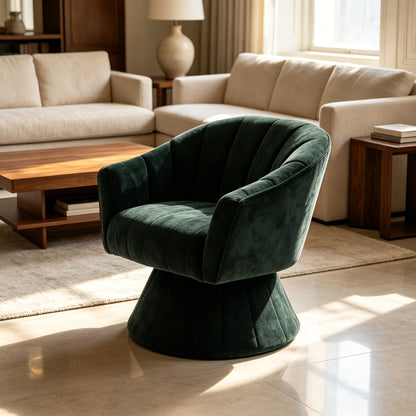 Channel-Tufted Swivel Barrel Chair — dark Green chair beside a sofa