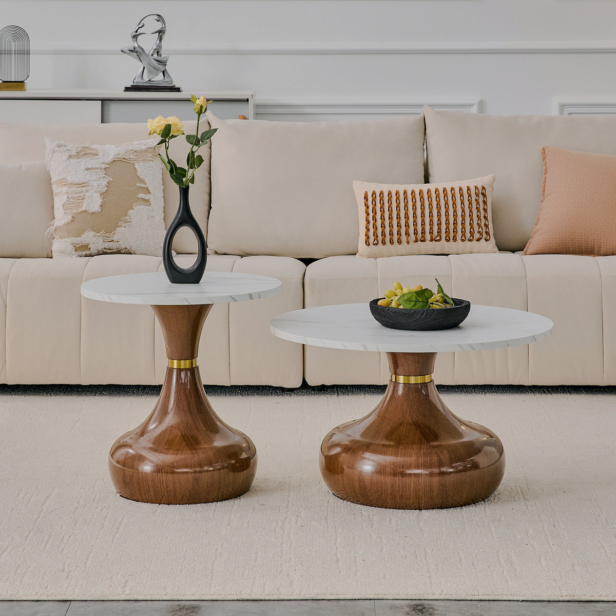 Two-height table set by sofa