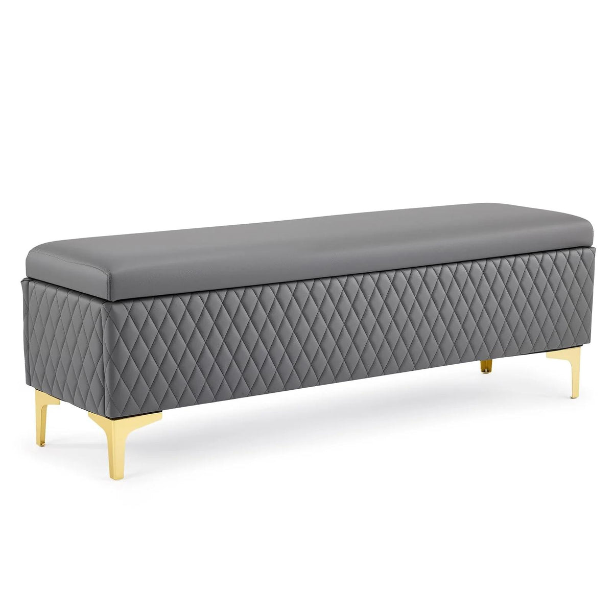 Gray diamond-quilted bench with gold-tone legs on white
