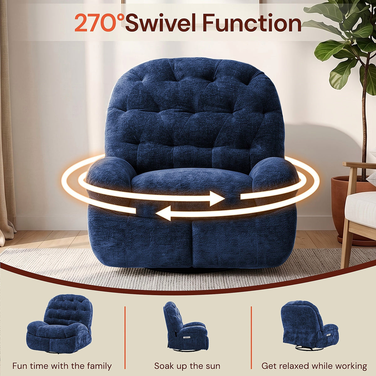 Blue chenille power swivel rocker recliner with a side pocket