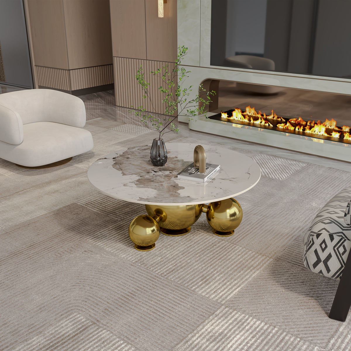 Faux-marble coffee table with reflective gold-tone ball base in a living room