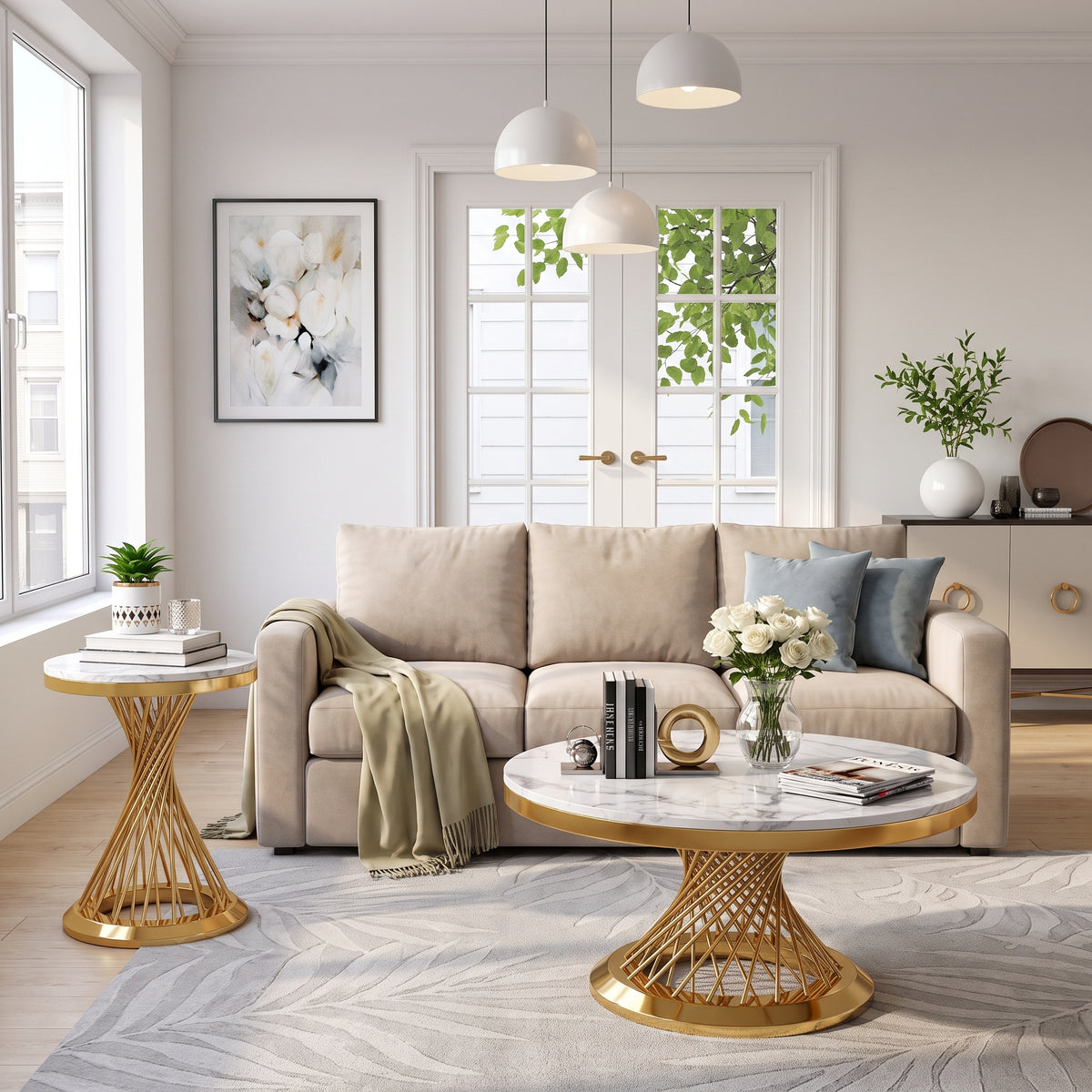 Faux Marble Coffee Table Set, Modern Coffee Table Side Table with Hourglass‑Shaped Metal Base, Luxury Center Table for Living Room Office - Coffee Table+End Table (2pcs)