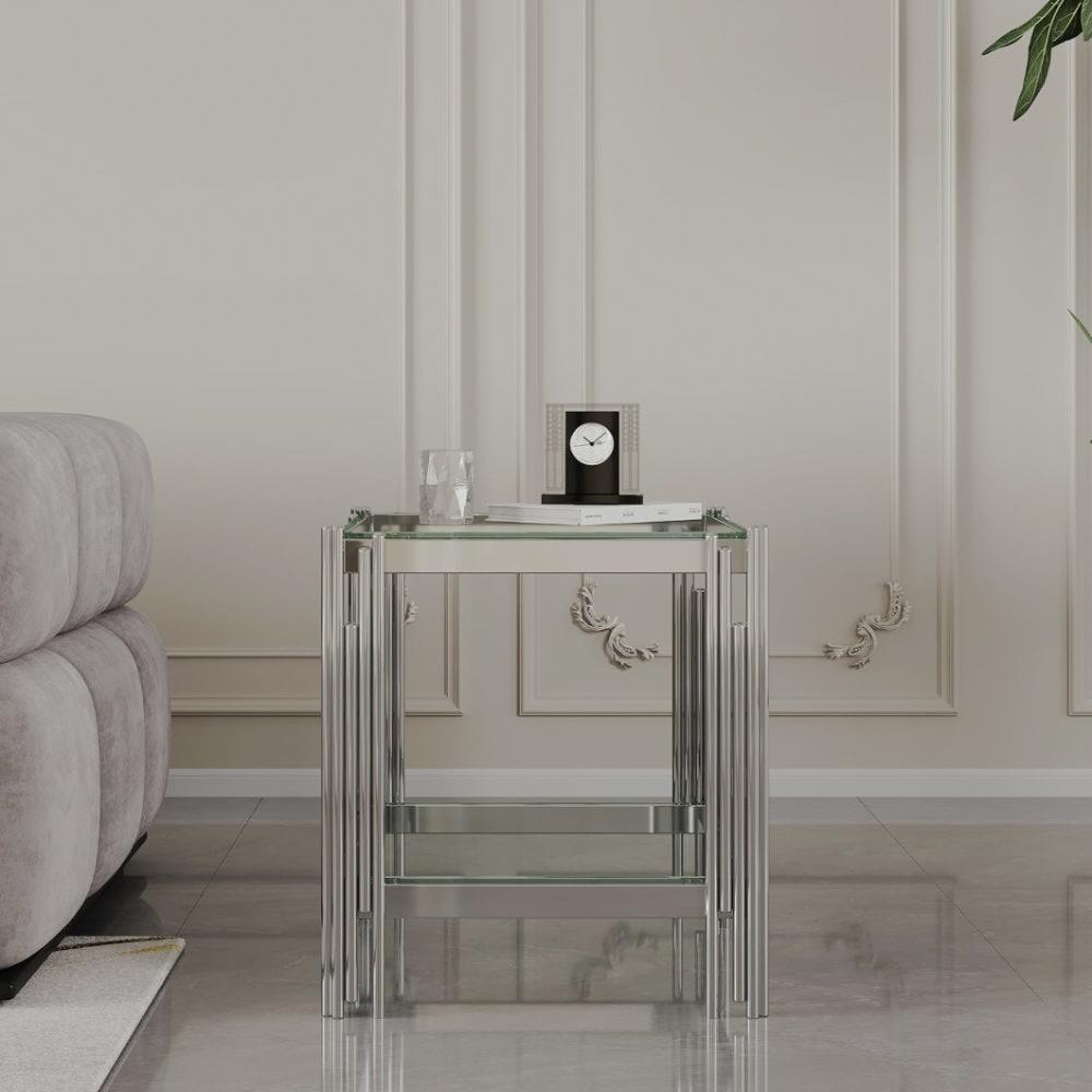 Square Two-Tier Glass End Table with Metal Frame