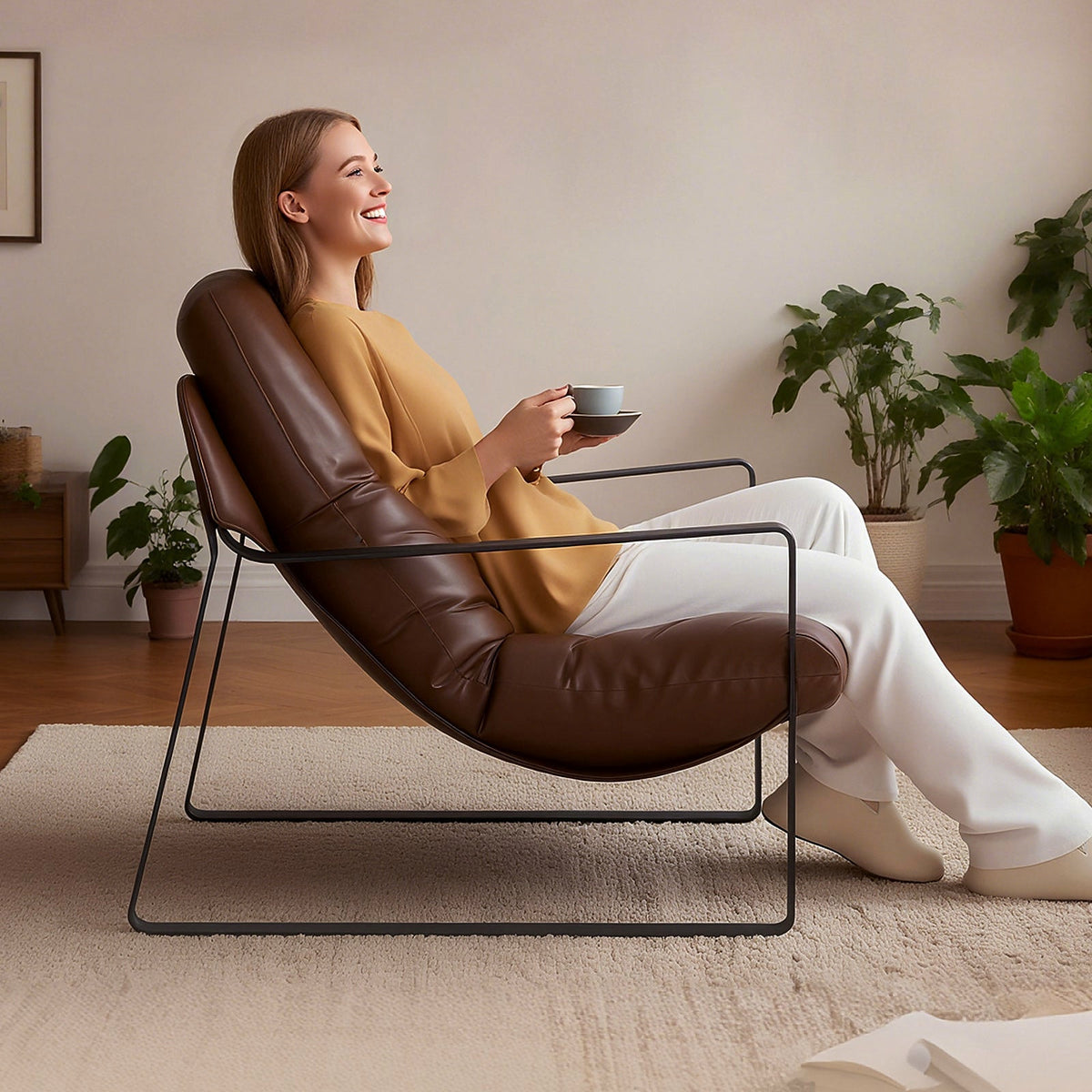 Brown faux leather sling chair with a black iron frame — living room setting