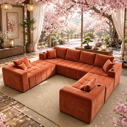 Chenille Modular Sectional with Cup Holders — orange U-shaped sectional in a family room
