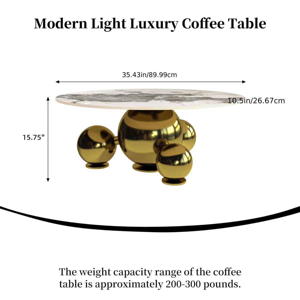 Dimension and capacity graphic for the gold-tone ball-base coffee table