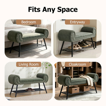 Green rolled arm upholstered shoe bench with a black metal rack and silver tone nailheads — room styling examples