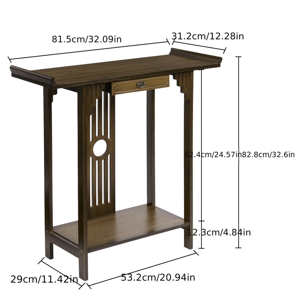 Dimension diagram showing the bamboo console at 32.09 inches wide, 12.28 inches deep and 32.6 inches high.