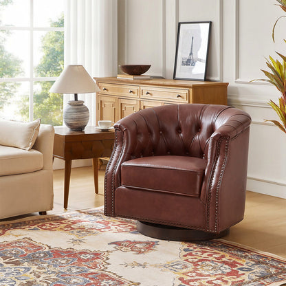 Brown genuine leather Chesterfield swivel rocking armchair with rolled arms