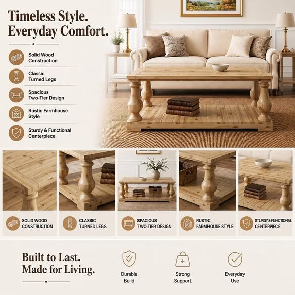 Farmhouse coffee table feature collage with solid-wood construction and two-tier design labels