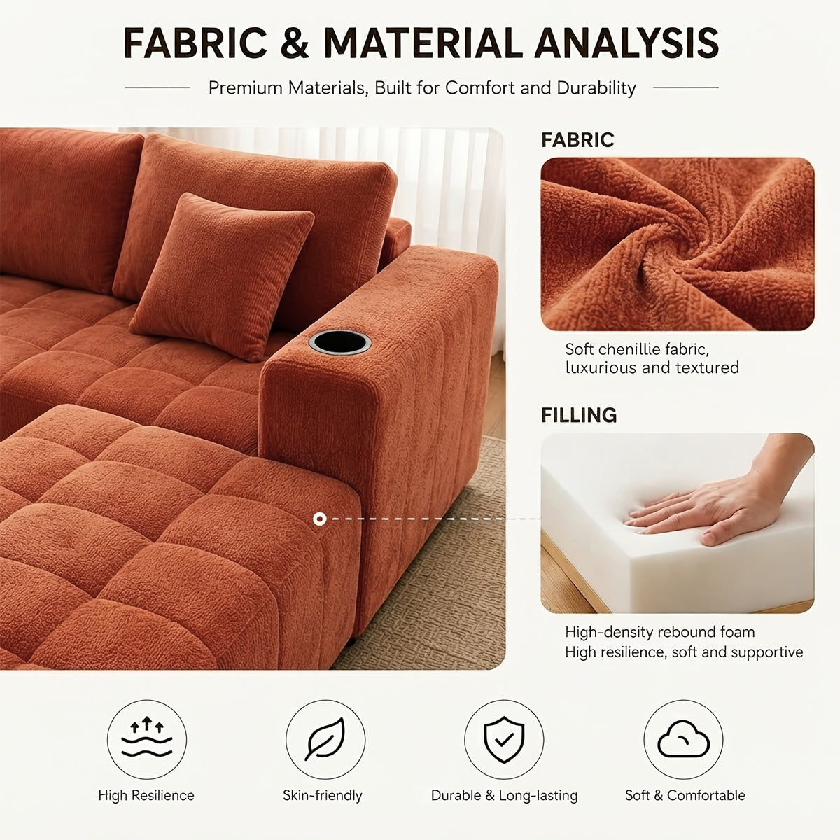 Chenille Modular Sectional with Cup Holders — chenille surface and foam filling information panel