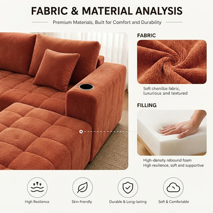 Chenille Modular Sectional with Cup Holders — chenille surface and foam filling information panel