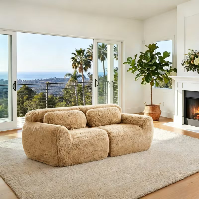 Plush Modular Two-Seat Sofa — light khaki sofa angled room view.