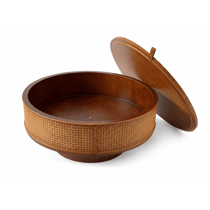 Round storage coffee table with the lid removed beside it on white