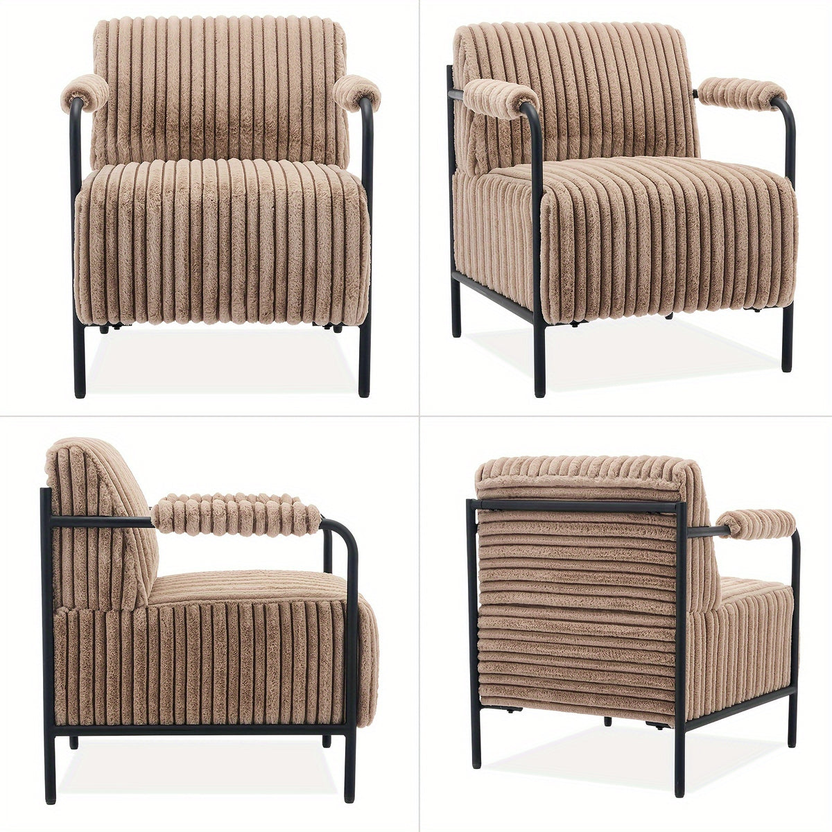 Ribbed Accent Chair with Adjustable Foot Pads — four views of the light brown chair