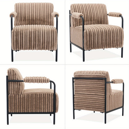 Ribbed Accent Chair with Adjustable Foot Pads — four views of the light brown chair