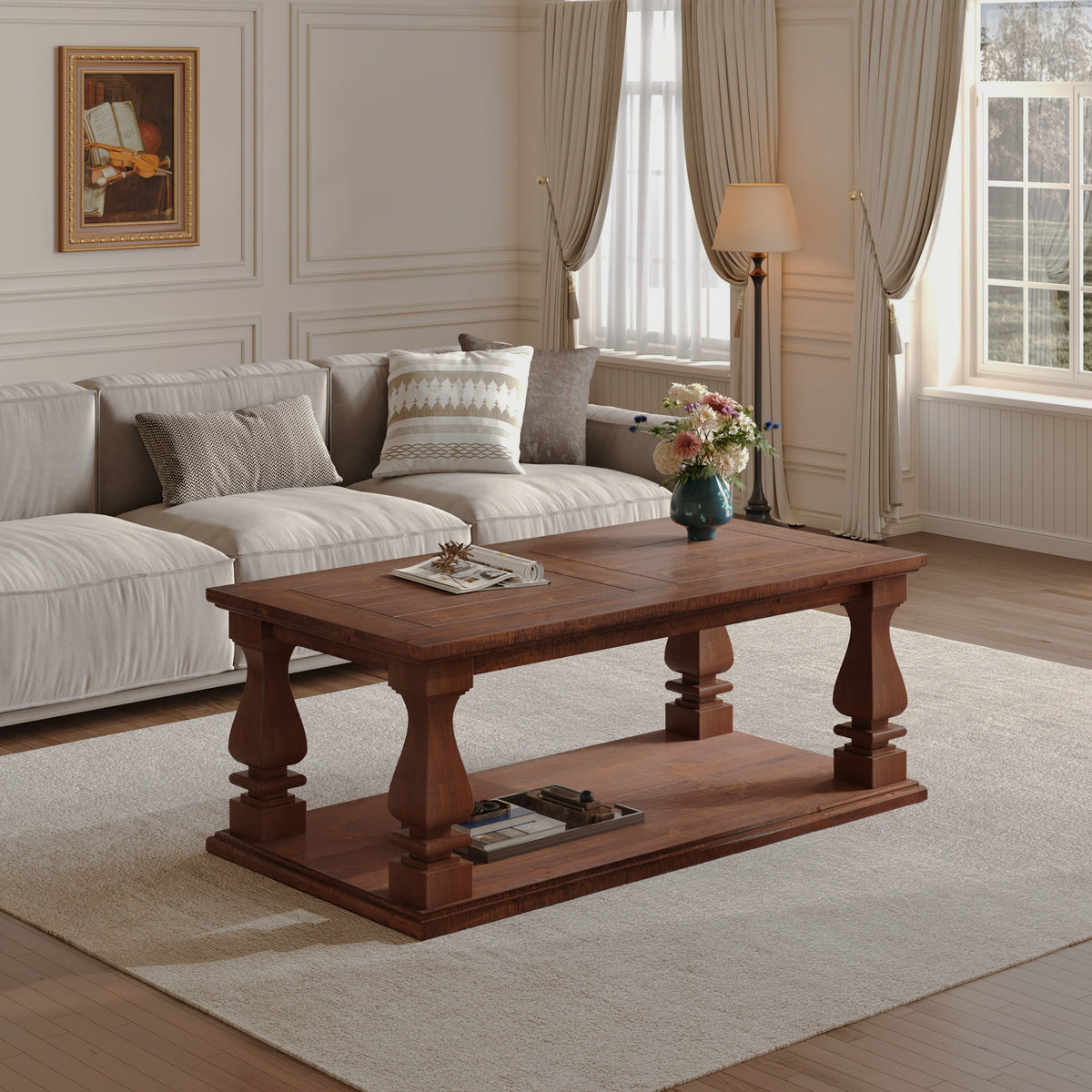 Walnut-brown rectangular coffee table with baluster legs beside a sofa