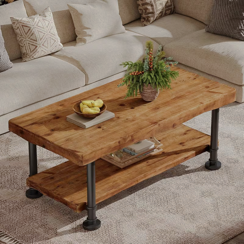 Rustic two-tier coffee table with brown top and dark metal legs