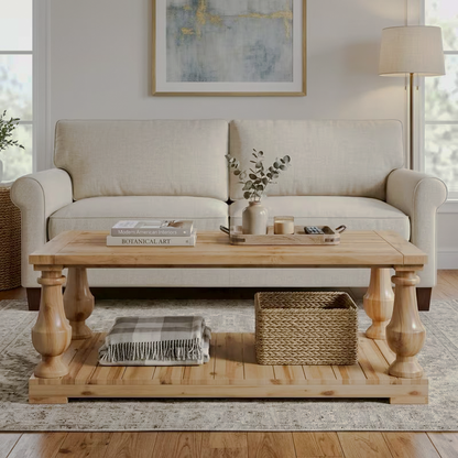 Natural-finish pine coffee table with turned legs