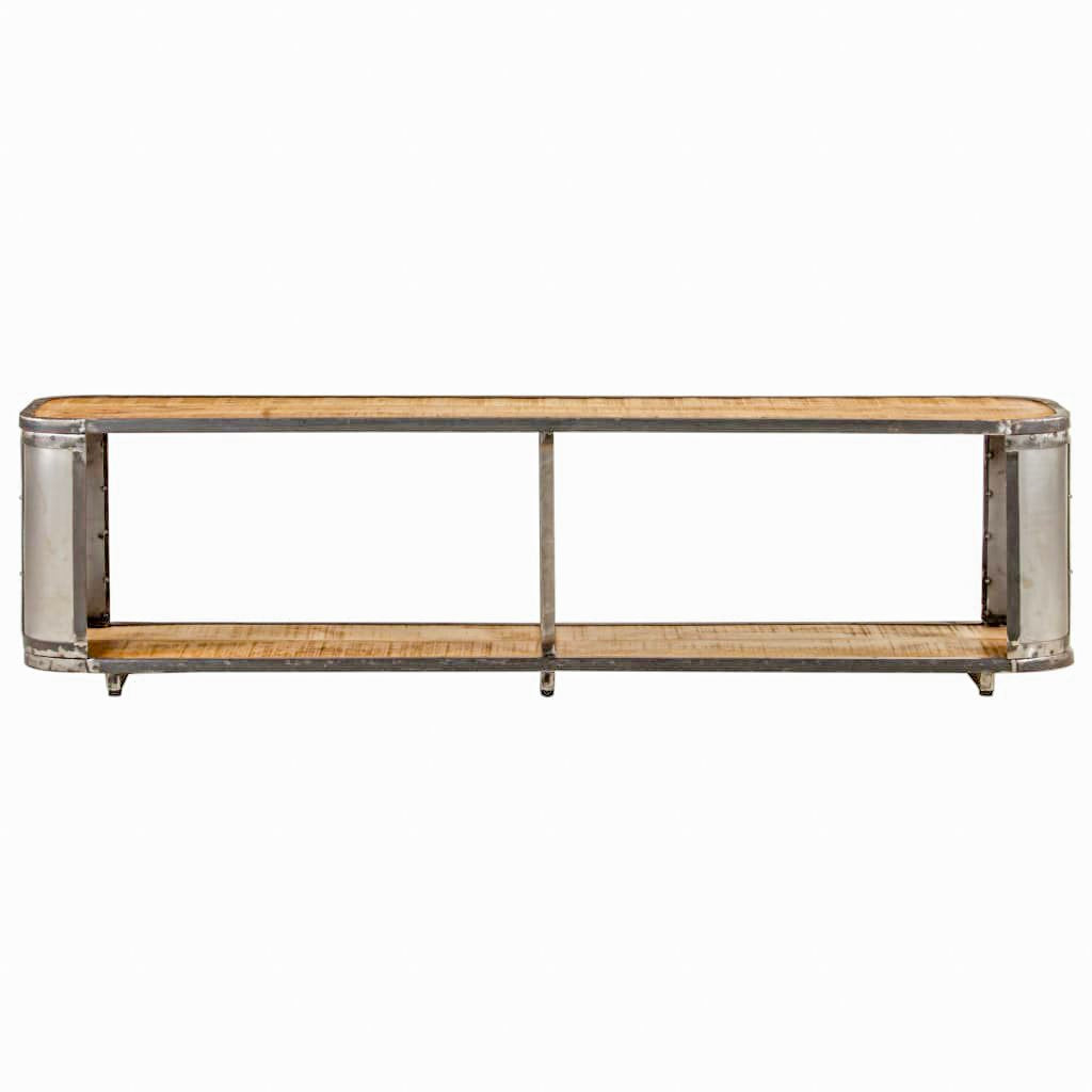 Front view of the wider wood and metal TV stand with its central support and open lower shelf.