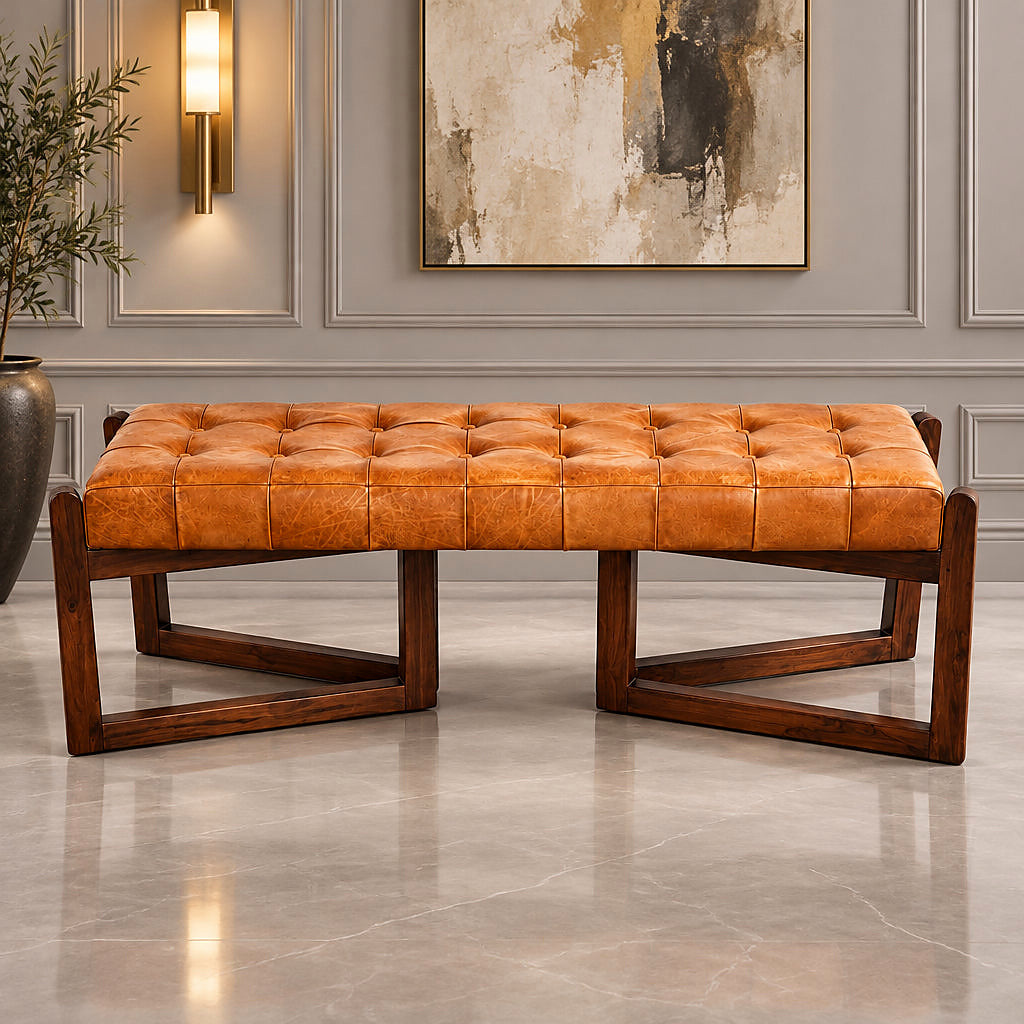 Riley Tan Tufted Bench with Open Wood Frame